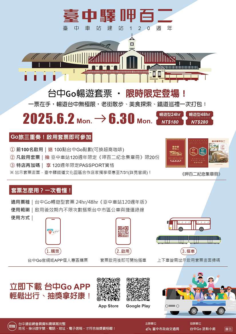 台中有Go讚!「台中驛呷百二」暢遊套票6/2-6/30開賣 公車捷運搭到飽