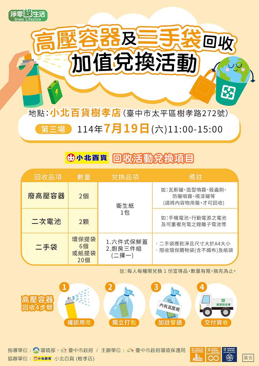換限量好禮!中市環保局攜手小北百貨辦高壓容器回收宣導活動7/19、10/18登場