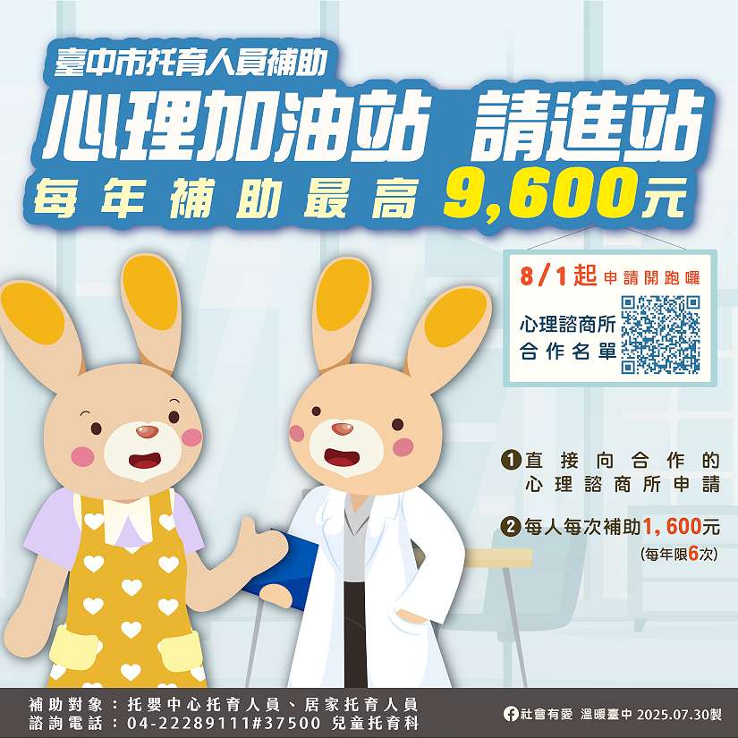1年6次免費諮商 中市府照顧逾6千名托育人員心理健康