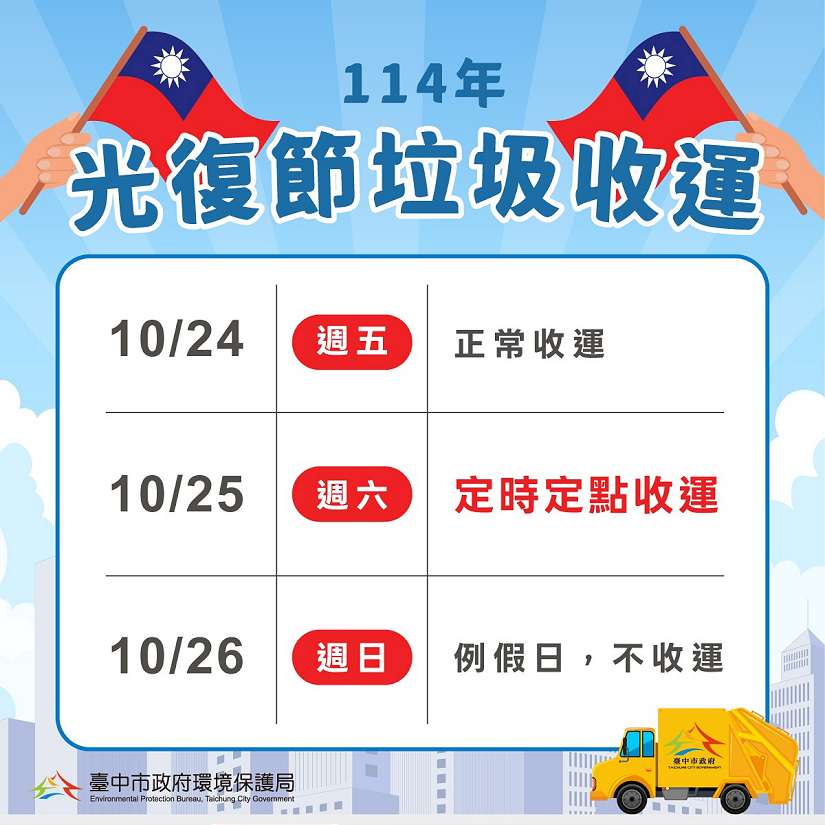 光復節連假將至 中市垃圾收運10/25採定時定點服務