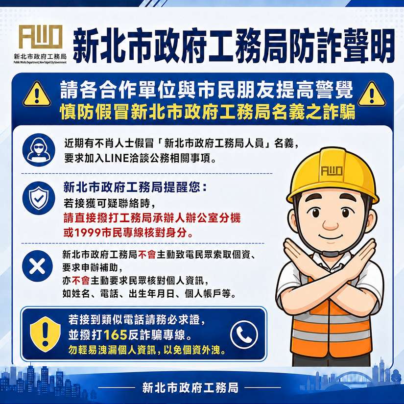 假冒局、處長名義詐騙加LINE 新北市工務局報案 籲民眾提高警覺