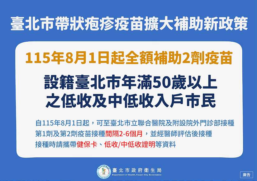 臺北市自115年8月1日起 擴大帶狀疱疹疫苗補助政策
