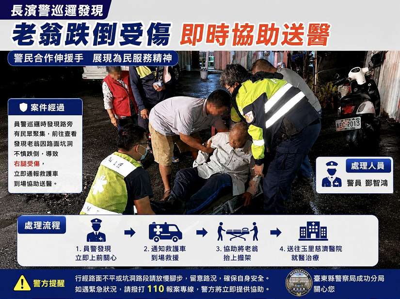 長濱警巡邏發現老翁跌倒受傷　即時協助送醫展現為民服務精神